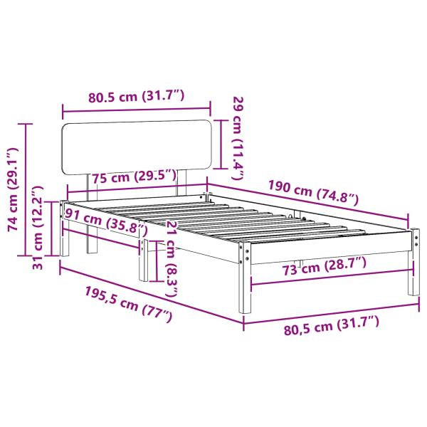 Bettgestell mit Kopfteil Wachsbrown 75x190 cm aus solidem Kiefernholz