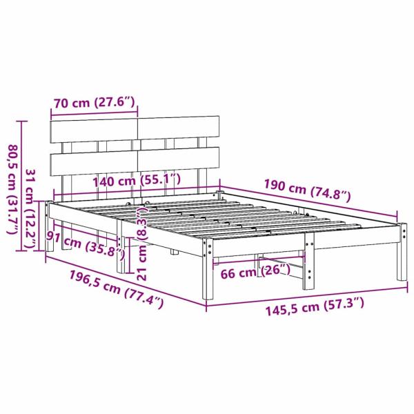 Bettgestell mit Kopfteil 140x190 cm Massivholz Kiefer