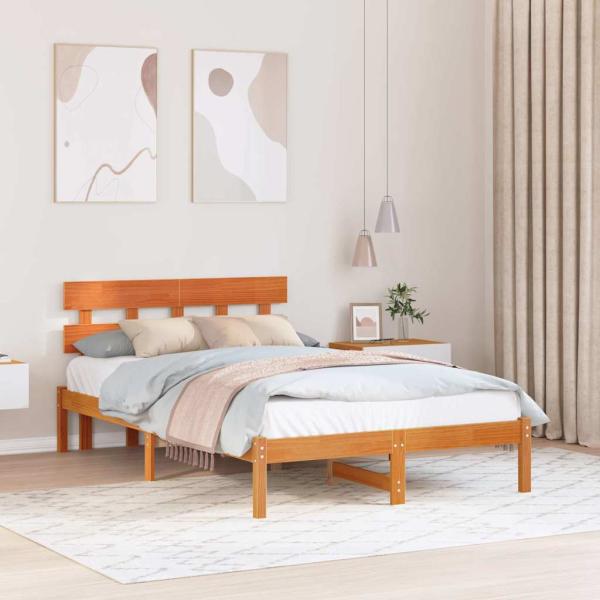 ARDEBO.de - Bettgestell mit Kopfteil Wachsbraun 140x190 cm Massivholz Kiefer