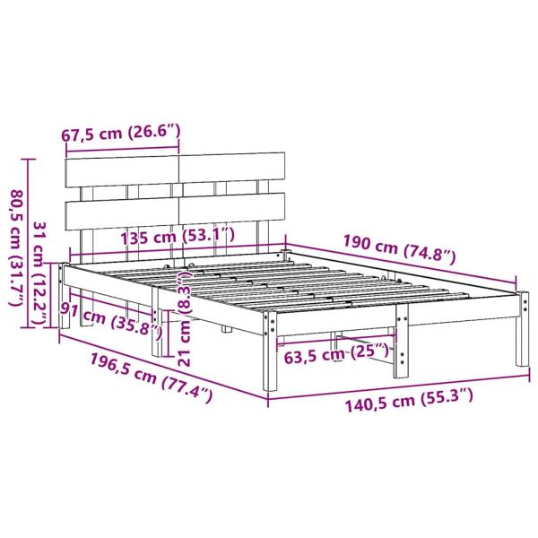 Bettgestell mit Kopfteil Wachsbrown 135x190 cm Massivholz Kiefer