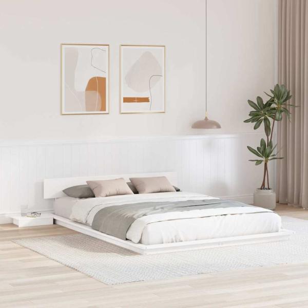 ARDEBO.de - Bettgestell mit Nachttischen Weiß 150x200cm Massivholz