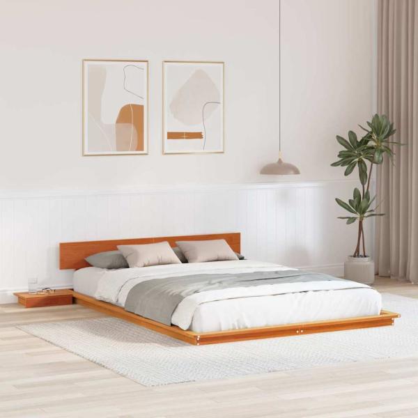 ARDEBO.de - Bodenbettgestell mit Nachttischen Wachsbrown 150x200cm Massivholz
