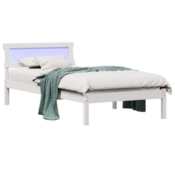 Bettgestell mit Kopfteil & LED Weiß 90x200 cm Massivholz Kiefer