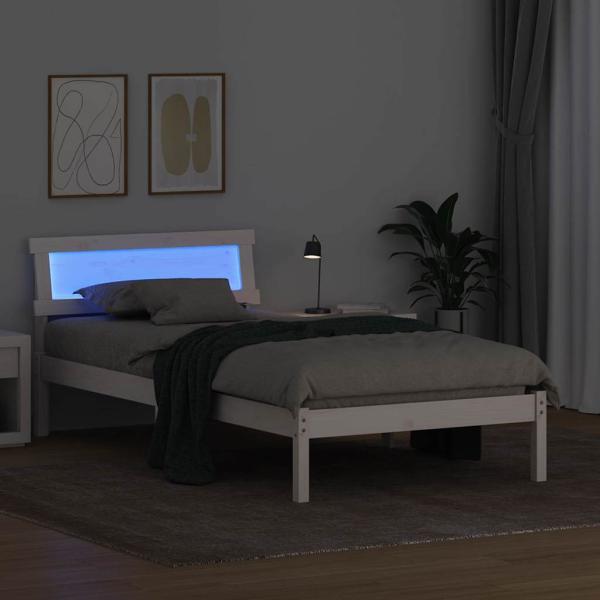 Bettgestell mit Kopfteil & LED Weiß 90x200 cm Massivholz Kiefer