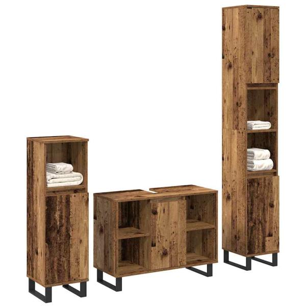 3-teiliges Badezimmermöbel Set aus altem Holz