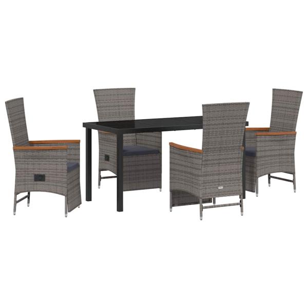 5-teiliges Garten-Dining-Set mit Kissen Grau Poly Rattan