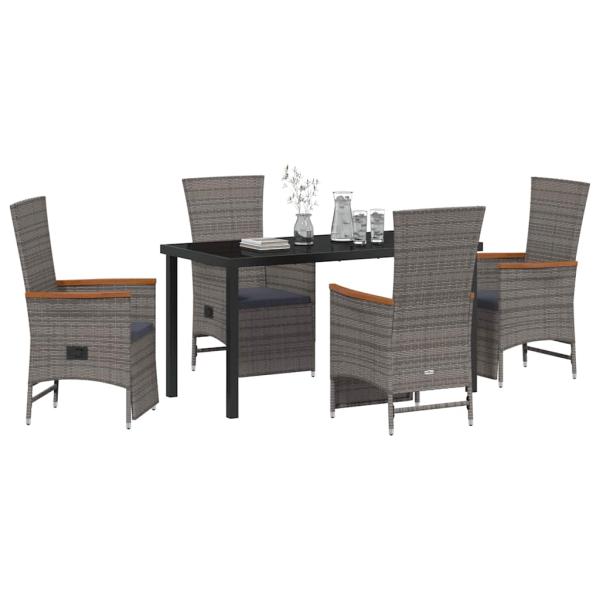 5-teiliges Garten-Dining-Set mit Kissen Grau Poly Rattan