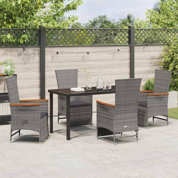 5-teiliges Garten-Dining-Set mit Kissen Grau Poly Rattan