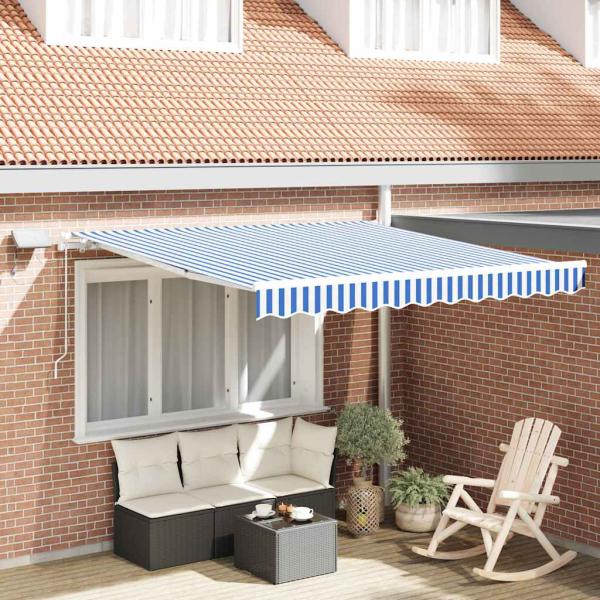 Einziehbare Markise Blau und weiß 3.5 x 2.5 m Stoff und Metall
