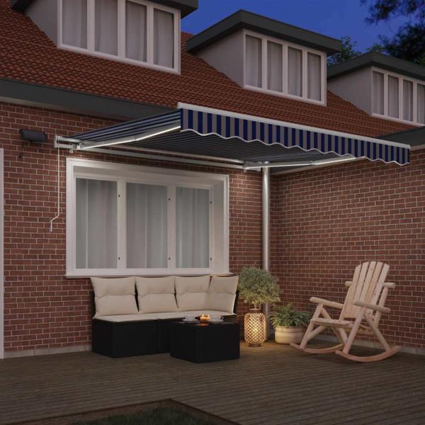 Einziehbare Markise Blau und weiß 3.5 x 2.5 m Stoff und Metall