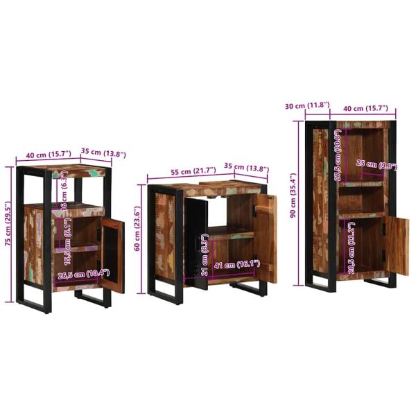 Badezimmermöbel Set 3 pcs Mehrfarbig Massives recyceltes Holz