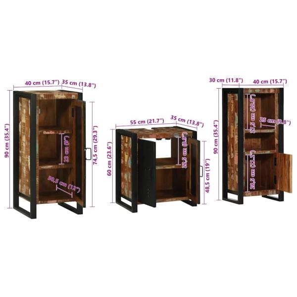 Badezimmermöbel Set 3 pcs Mehrfarbig Massives recyceltes Holz