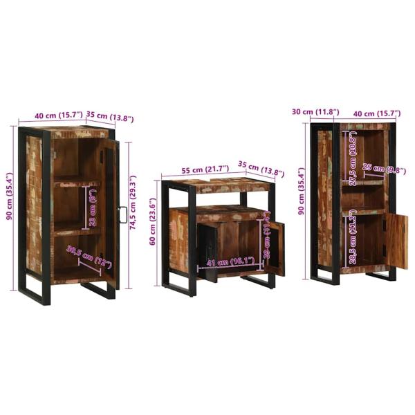 Badezimmermöbel Set 3 pcs Mehrfarbig Massives recyceltes Holz