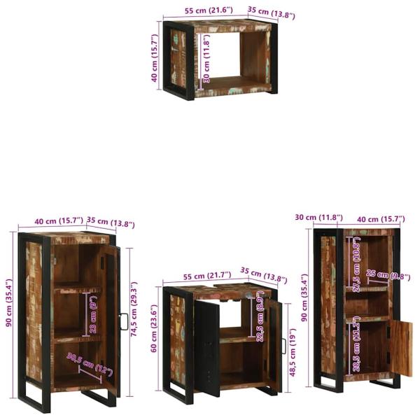 Badezimmermöbel Set 4 pcs Mehrfarbig Massives recyceltes Holz