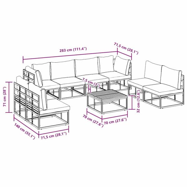 Garten-Sofa-Set 9 pcs Schwarz 70 x 70 x 32 cm Aluminium