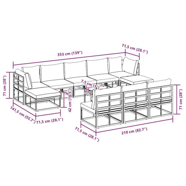 Garten-Sofa-Set 11 pcs Schwarz 70 x 70 x 32 cm Aluminium