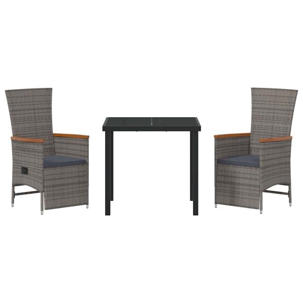 3-teiliges Garten-Esszimmer-Set mit Kissen grau Poly-Rattan