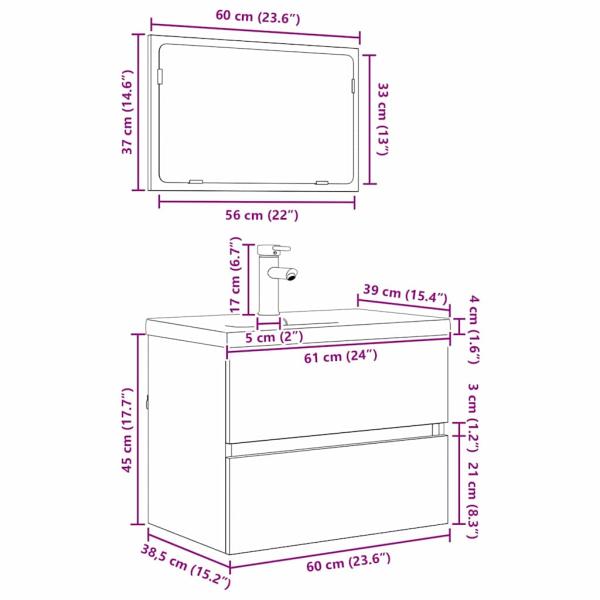 Badezimmermöbel Set 3 pcs Eiche handwerklich 60 x 38.5 x 45 cm