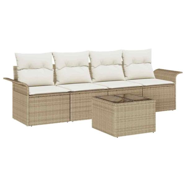 5-teilige Garten Sofa Garnitur mit Kissen Beige Poly Rattan