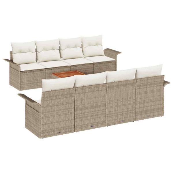 9-teiliges Garten Sofa Set mit Kissen Beige Poly Rattan Akazie
