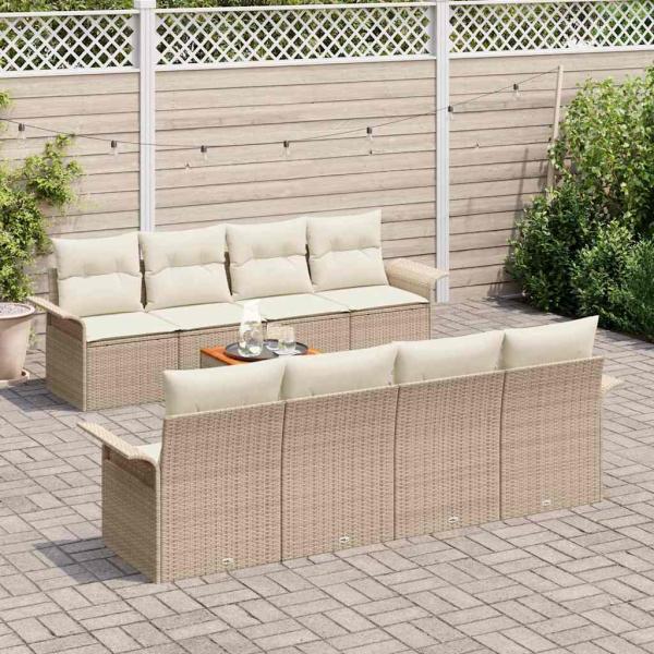 9-teiliges Garten Sofa Set mit Kissen Beige Poly Rattan Akazie