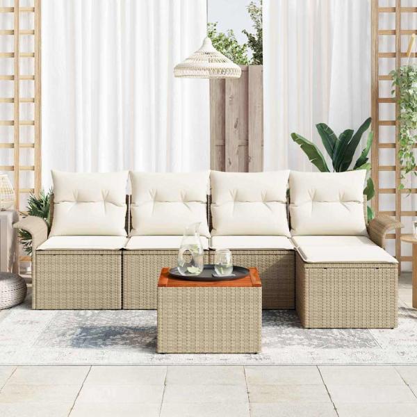 6-tlg. Garten-Sofagarnitur mit Kissen Beige Poly Rattan Akazie