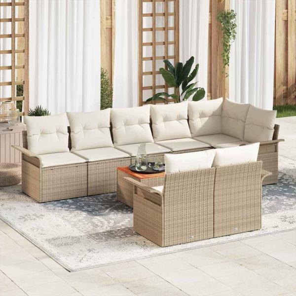 ARDEBO.de - 9-tlg. Garten-Sofagarnitur mit Kissen Beige Poly Rattan Akazie