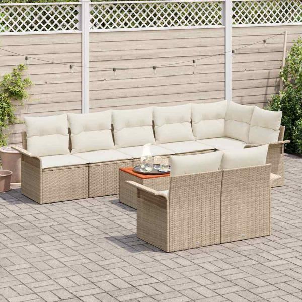 9-tlg. Garten-Sofagarnitur mit Kissen Beige Poly Rattan Akazie