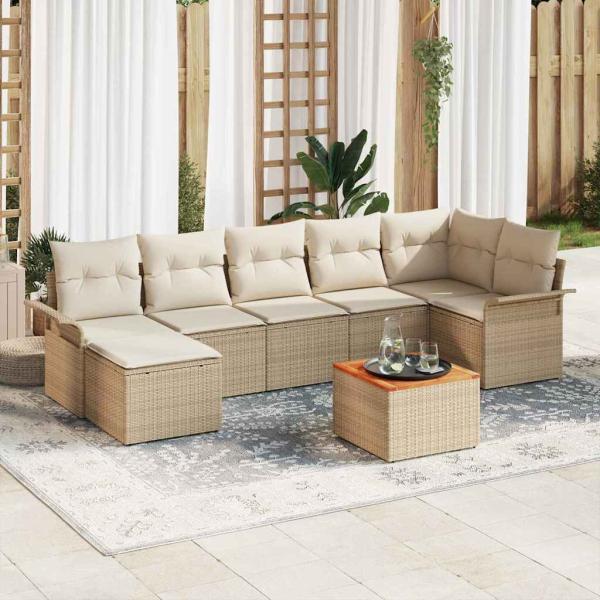 ARDEBO.de - 8-teiliges Garten-Sofa-Set mit Kissen Beige Poly Rattan Akazie