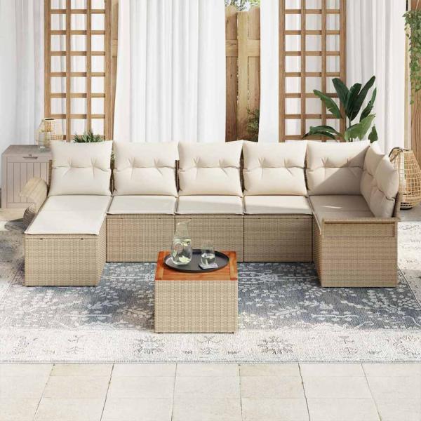 8-teiliges Garten-Sofa-Set mit Kissen Beige Poly Rattan Akazie