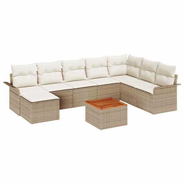 9-teiliges Gartensofa Set mit Kissen Beige Poly Rattan Akazie