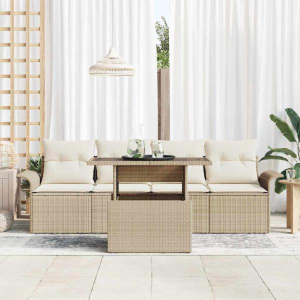 5-teiliges Garten-Sofa-Set mit Kissen in beige Poly-Rattan