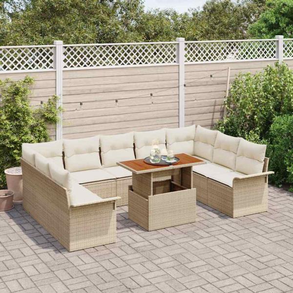 10-tlg. Garten-Sofagarnitur mit Kissen Beige Poly Rattan