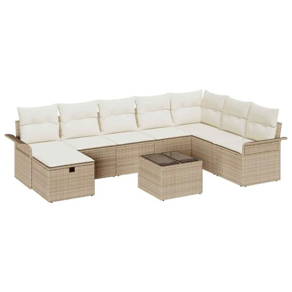 9-tlg. Garten-Sofagarnitur mit Kissen Beige Poly Rattan