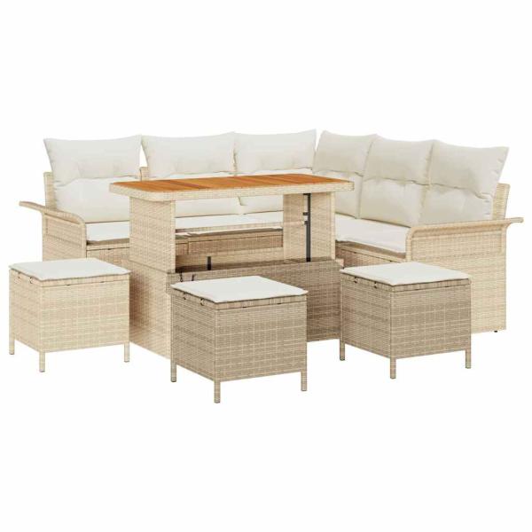 9-teiliges Garten-Sofa-Set mit Kissen Beige Poly-Rattan Akazie