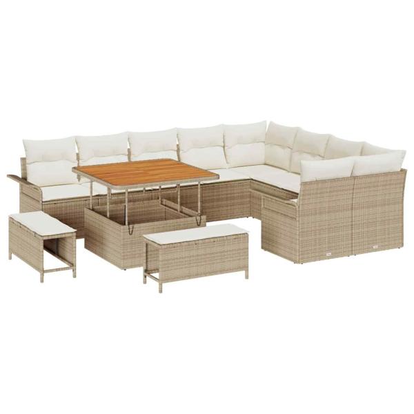 12-teiliges Garten-Sofa-Set mit Kissen Beige Poly Rattan Akazie
