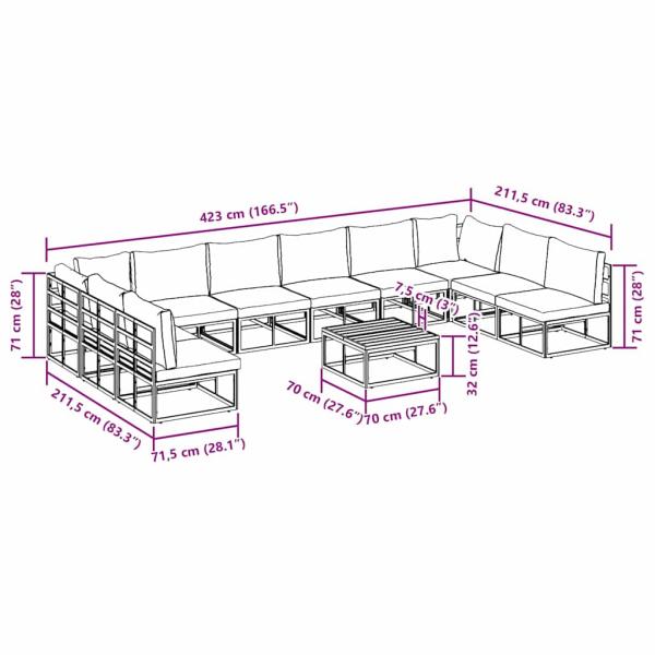 Garten-Sofa-Set 11 pcs Schwarz 70 x 70 x 32 cm Aluminium