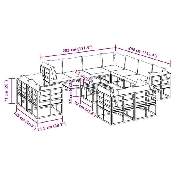 Garten-Sofa-Set 12 pcs Schwarz 70 x 70 x 32 cm Aluminium