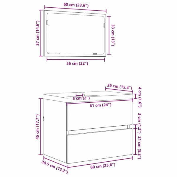Badezimmermöbel Set 3 pcs Eiche handwerklich 60 x 38.5 x 45 cm