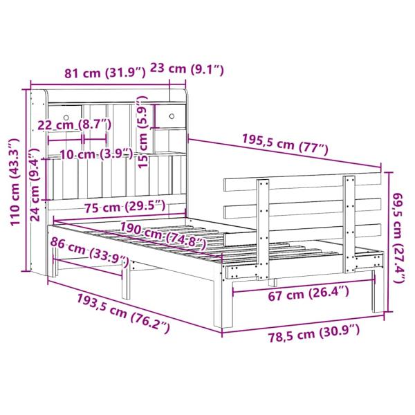 Bücherregalbett ohne Matratze 75x190 cm Massivholz Kiefer