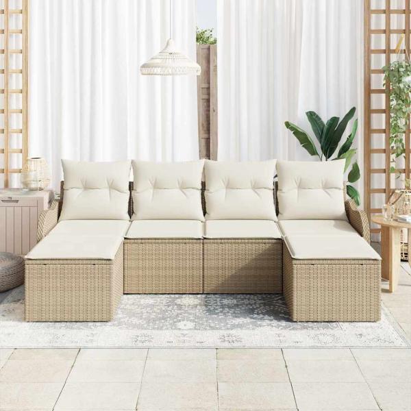 6-teiliges Garten Sofa Set mit Kissen Beige Poly Rattan
