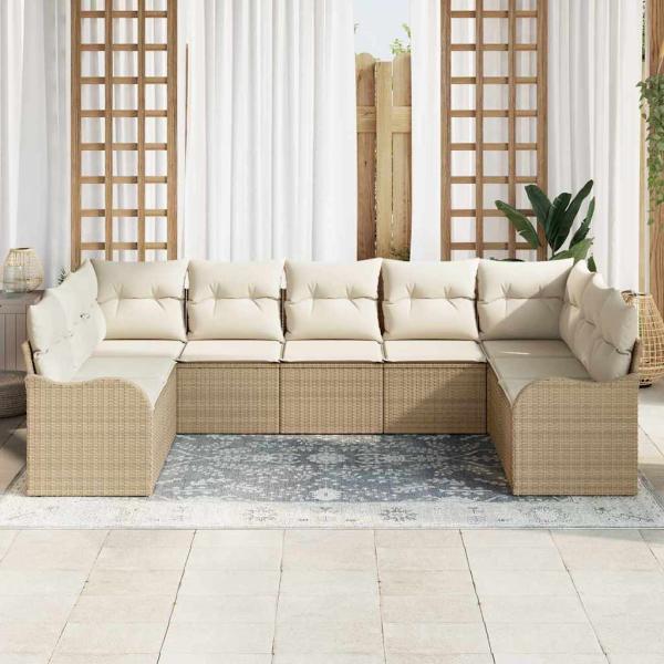 9-teiliges Garten Sofa Set mit Kissen Beige Poly Rattan
