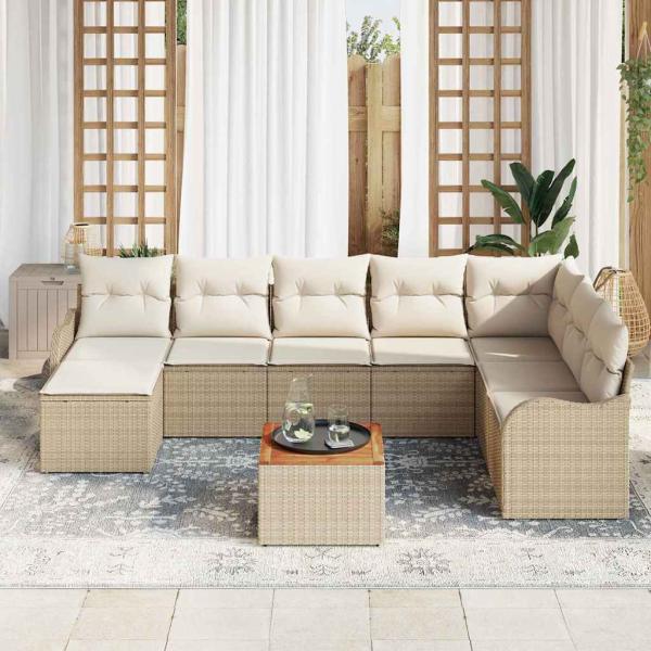 9-teiliges Garten Sofa Set mit Kissen Beige Poly Rattan Akazie