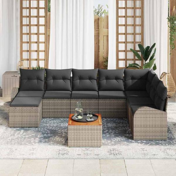 9-tlg. Garten-Sofagarnitur mit Kissen Grau Poly Rattan Akazie