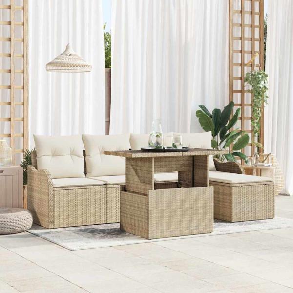 ARDEBO.de - 6-teilige Garten Sofa Set mit Kissen Beige Poly Rattan