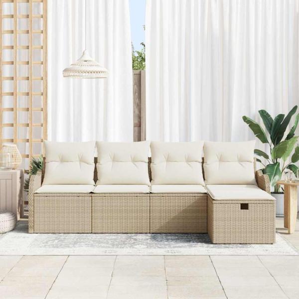 5-teiliges Garten Sofa Set mit Kissen Beige Poly Rattan