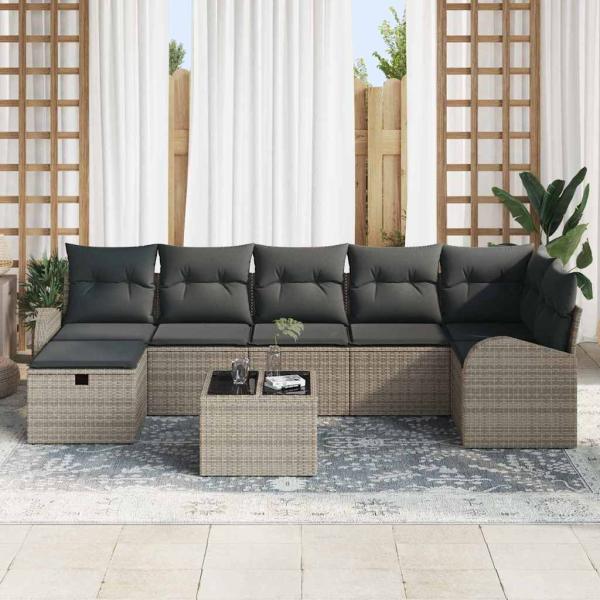 8-teiliges Garten Sofa Set mit Kissen Grau Poly Rattan