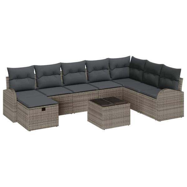 9-tlg. Garten-Sofagarnitur mit Kissen Grau Poly Rattan