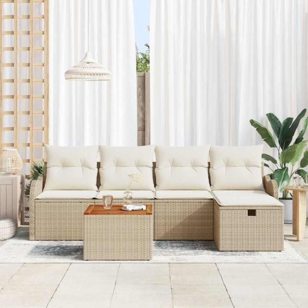 6-tlg. Garten-Sofagarnitur mit Kissen Beige Poly Rattan
