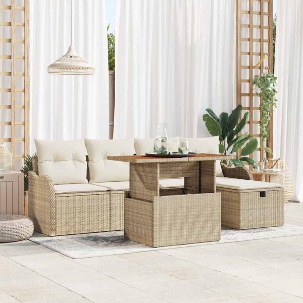 ARDEBO.de - 6-teiliges Garten Sofa Set mit Kissen Beige Poly Rattan